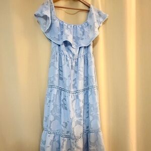 Light Blue Floral Tiered Midi Dress – Ruffle Neckline Cottagecore Style